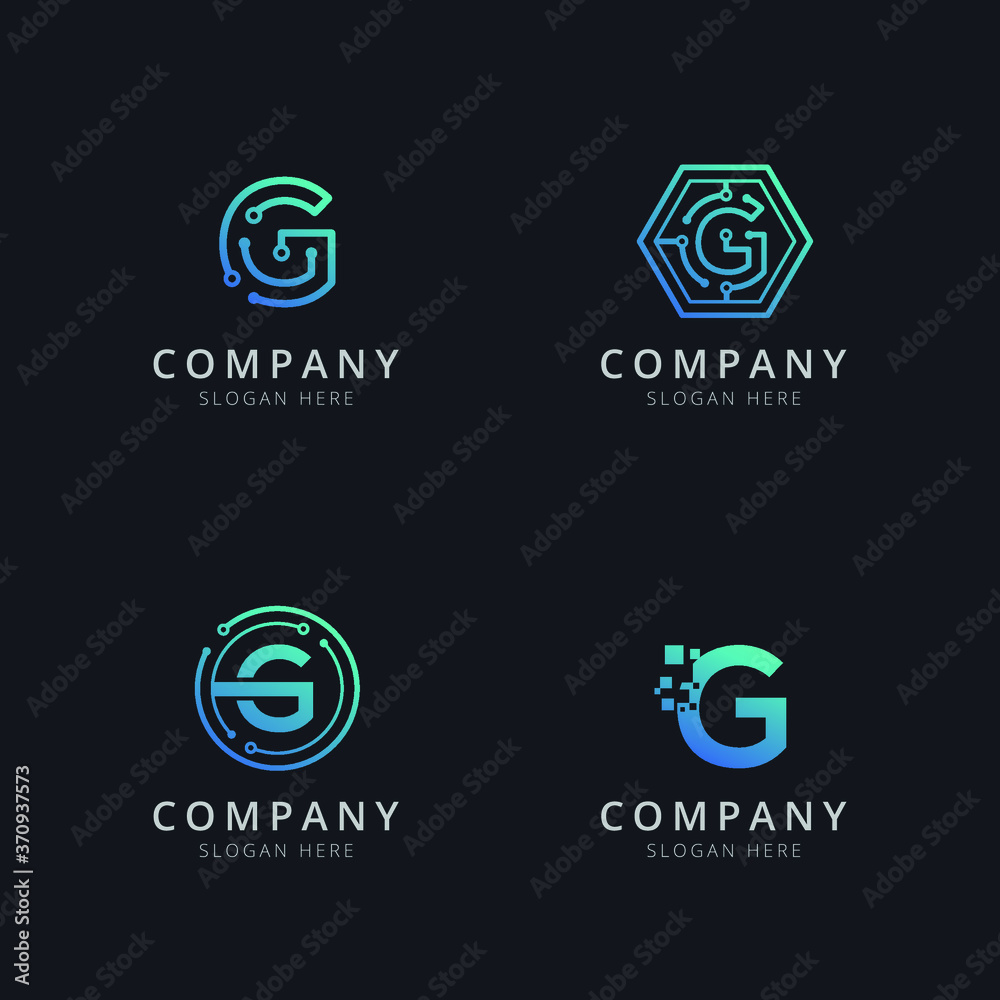 Initial G logo with technology elements in blue color Initial G logo with technology elements in blue color