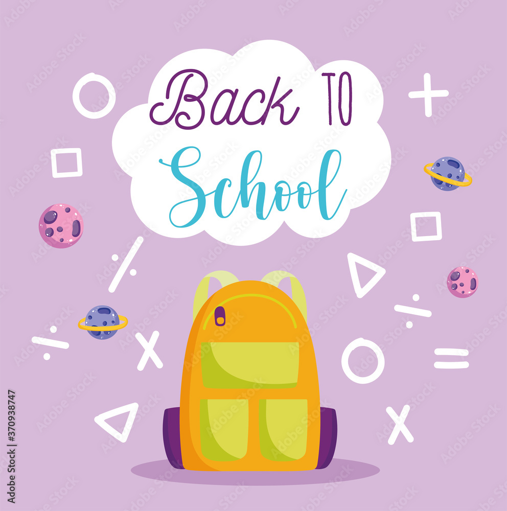 back to school, backpack arithmetic math shapes and signs elementary education cartoon