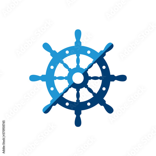 Logotipo estilo nautical. Icono plano timón en color azul y azul marino