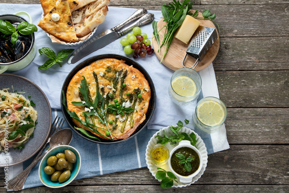 Italian cuisine on rustic wooden table