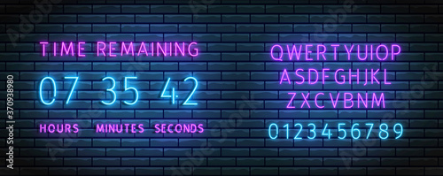 Countdown timer. Neon clock counter wiht font. Vector. Time remainig board. Illuminated digital count down. Glowing hours, minutes and seconds on brick wall. Scoreboard on display. Led illustration.