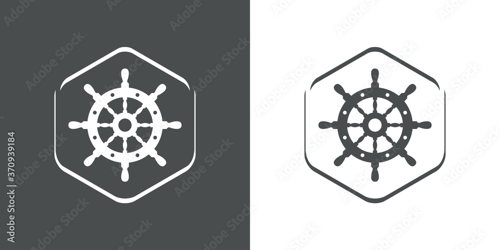 Logotipo estilo nautical. Icono plano timón en hexágono lineal en fondo gris y blanco Logotipo estilo nautical. Icono plano timón en hexágono lineal en fondo gris y blanco