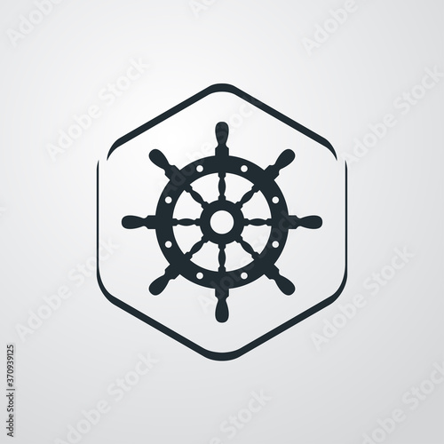 Logotipo estilo nautical. Icono plano timón en hexágono lineal en fondo gris