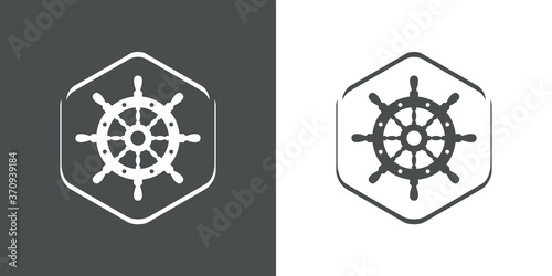 Logotipo estilo nautical. Icono plano timón en hexágono lineal en fondo gris y blanco