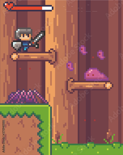 Pixel game interface, characters. Agressive mobs, monsters. Spider and slimes attack man with sword and shield standing on branch of tree in wood. Life, live scale. Adventure game, 2d texture