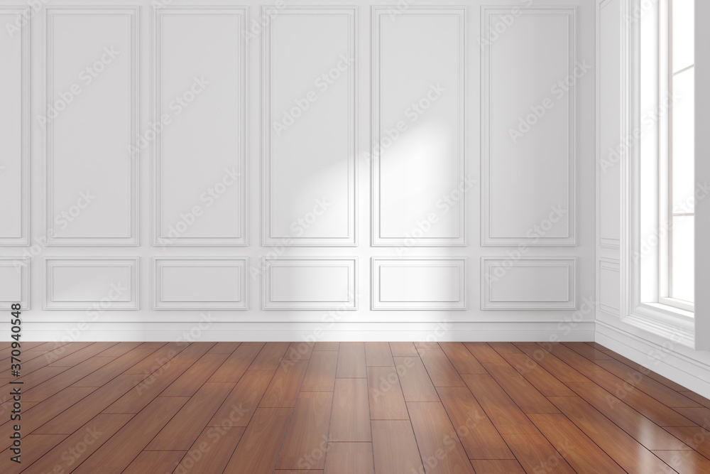 3D render of empty room with wooden floor and classic wall.	
