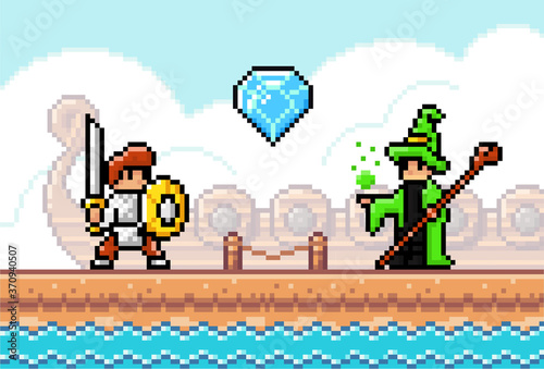 Pixel art style, characters in game arcade play vector illustration. Game scene with a knight with a sword and shield and a magician with stick, retro gaming mode. Wooden bridge on the water landscape