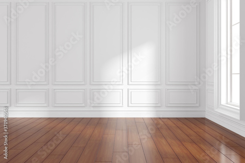 3D render of empty room with wooden floor and classic wall.  