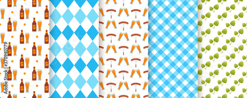 Oktoberfest background. Octoberfest seamless pattern. Vector. Prints with rhombus, beer, hop and plaid. Set of Bavarian diamond textures. Germany traditional wallpaper. Color illustration.