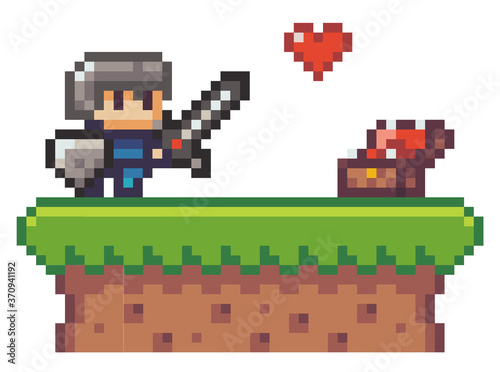 Pixel game hero, elements. Knight with sword, shield in front of open chest. Collecting lives, life heart. Reward for open level, plus one life. Isolated at white. 2d texture, graphic of 80s