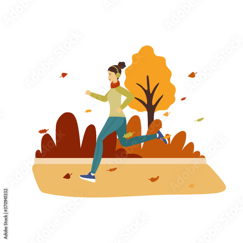 Young brunette woman running in the autumn park in sport clothes. Flat cartoon vector illustration isolated