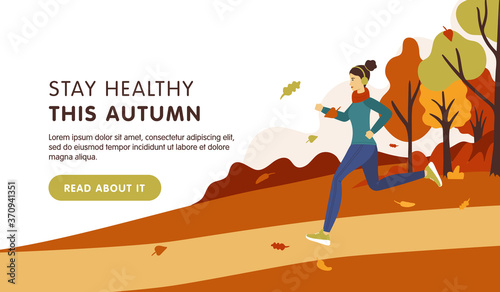 Stay healthy landing page template. Young brunette woman running in the autumn park in sport clothes. Vector cartoon flat illustration