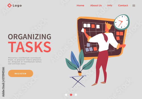 Website concept. Man standing near board with work tasks, holding sticker in hand. Effectively organizing tasks, adherence to deadlines. Guy make appointments, planning events, make notice on stickers