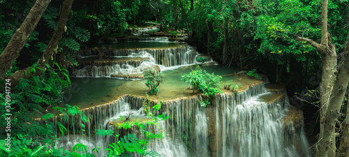 Panoramic Landscape of Huai Mae Khamin Waterfall in National Park, Kanchanaburi, Thailand photo