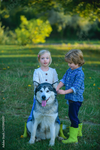 Young boy and little girl in a green field with his pet husky or malamute.
