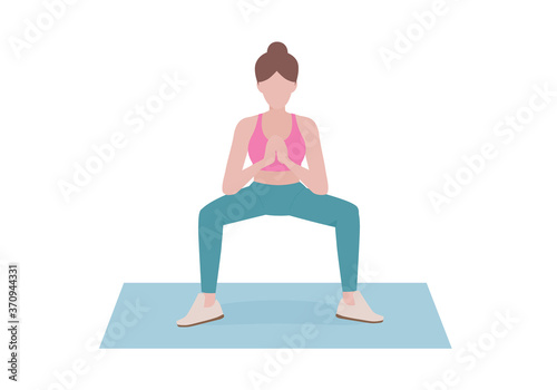 Woman doing exercises. woman in pink shirt and a blue Long legs. Benefits,doing squats. Fitness and health concepts.