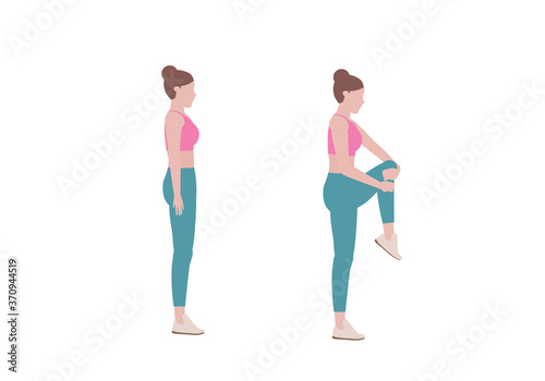 Woman doing exercises.  Benefits, doing easy stretches to relax. Balance pose, flexibility improvement. Isolated vector illustration in cartoon style. Fitness and health © Anussara