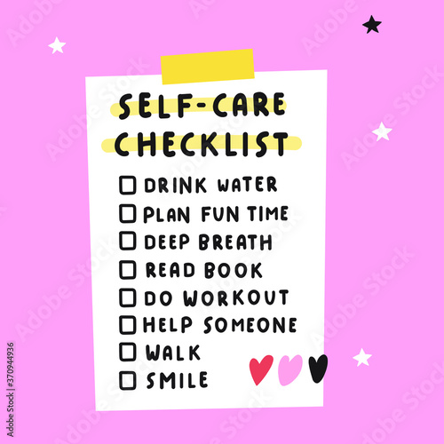 Personal self-care checklist. Illustration on pink background.