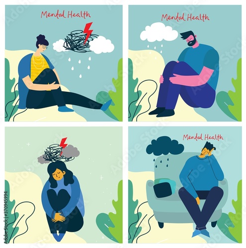 Mental health illustration concept. Young man and woman with storm in head. Psychology visual interpretation of mental health.