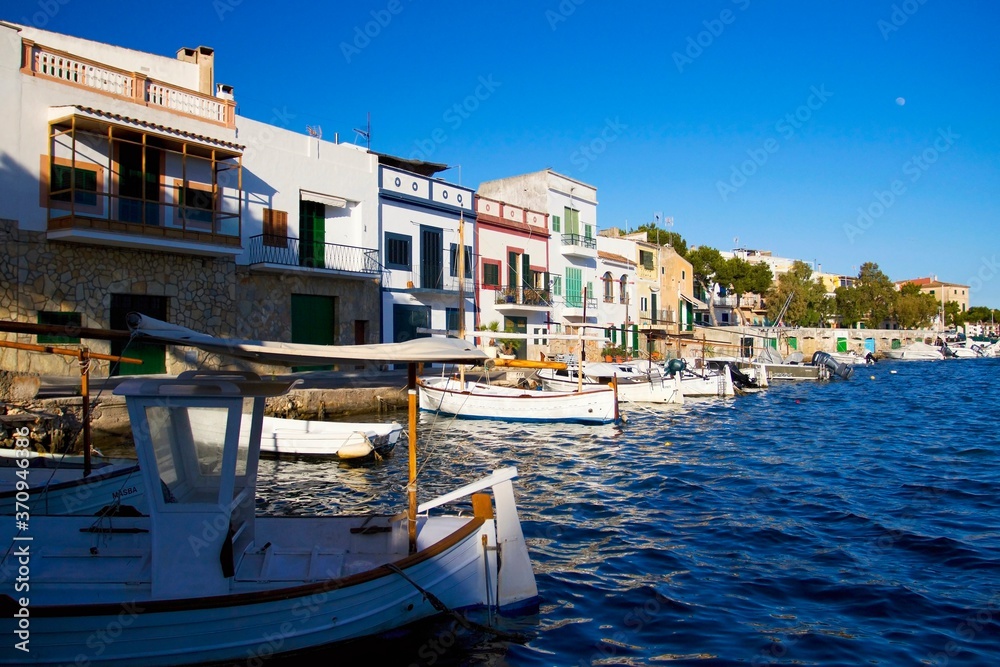 
Boats in the port of Porto Colom on the island of Mallorca in the Mediterranean Sea in Spain.