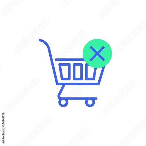 Purchase error icon vector, filled flat sign, shopping cart with cross mark bicolor pictogram, green and blue colors. Symbol, logo illustration