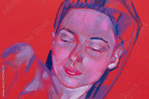  Pastel painting, female portrait, handmade