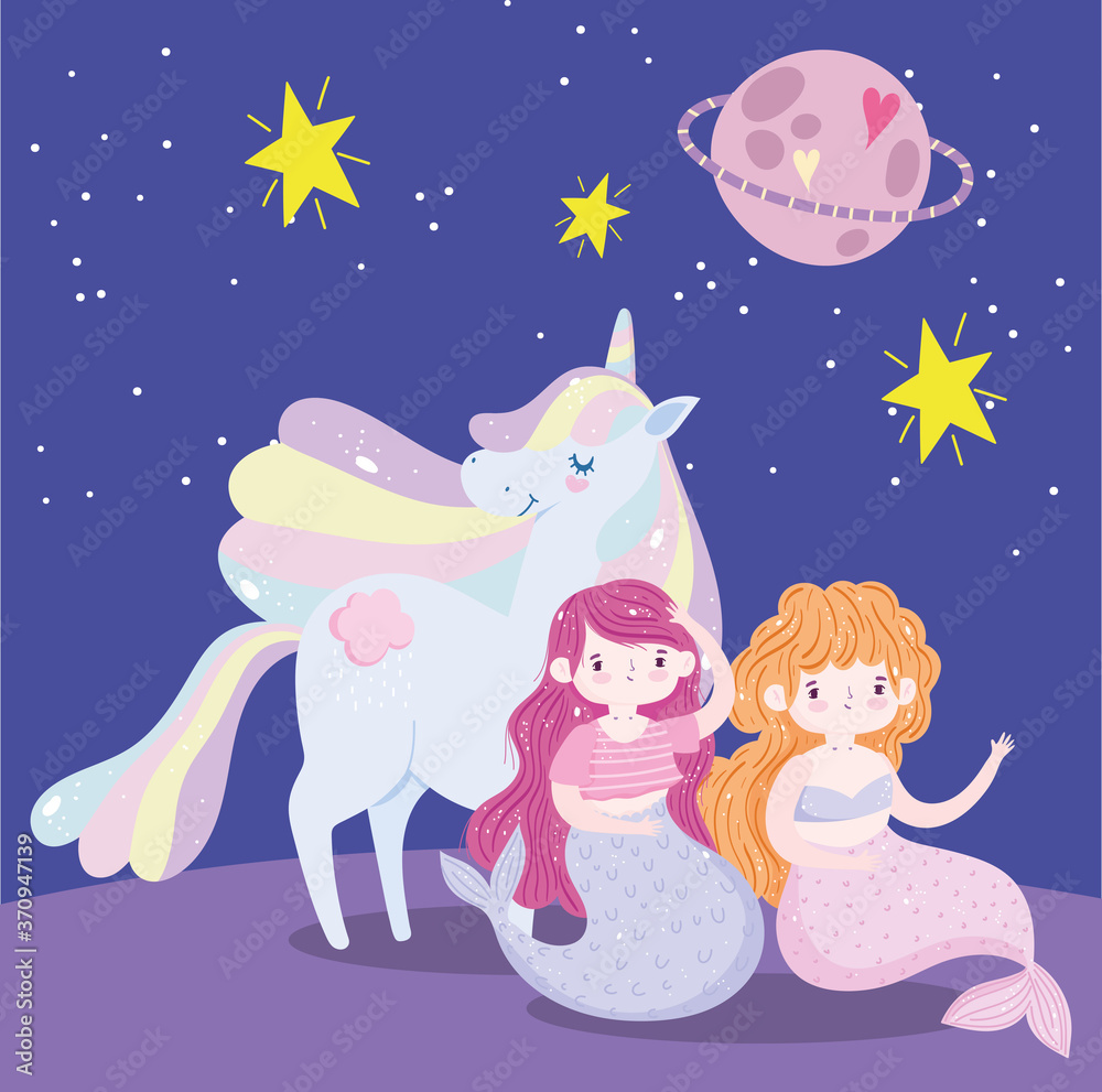 mermaids and unicorn planet love stars heart magic cartoon