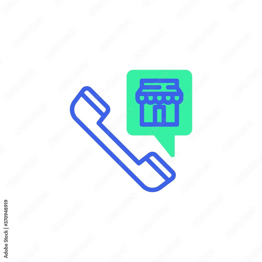 Online shop call icon vector, filled flat sign, e-commerce promotion bicolor pictogram, green and blue colors. Symbol, logo illustration Online shop call icon vector, filled flat sign, e-commerce promotion bicolor pictogram, green and blue colors. Symbol, logo illustration