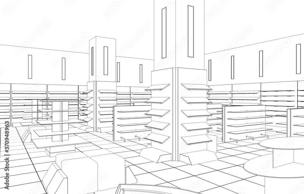 shopping mall, contour visualization, 3D illustration, sketch, outline