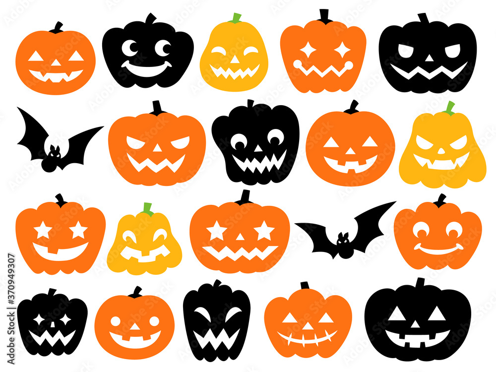 色々な顔のハロウィンのカボチャとコウモリのイラストアイコンセット Stock Vector Adobe Stock