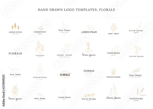 Set of vector hand drawn floral logo templates.