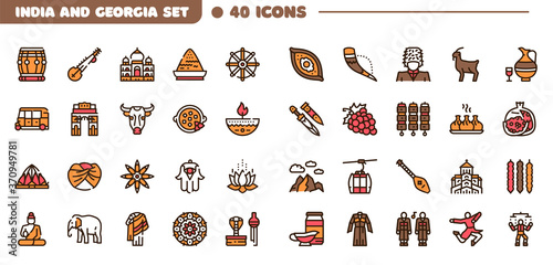 India and Georgia color linear icon set. Georgian culture, food and traditions