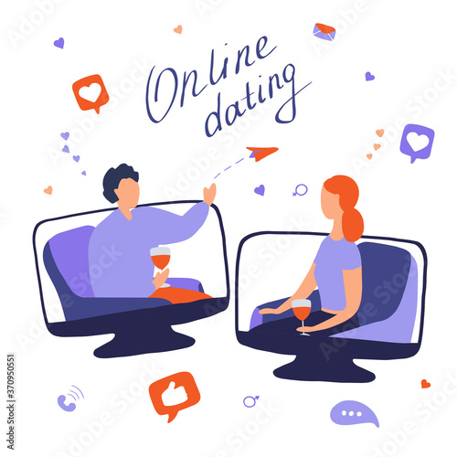 Online dating concept. Young woman and man talking online. Couple met on dating site and communicate on Internet. Long distance relationships, international couples. Computer monitors with people