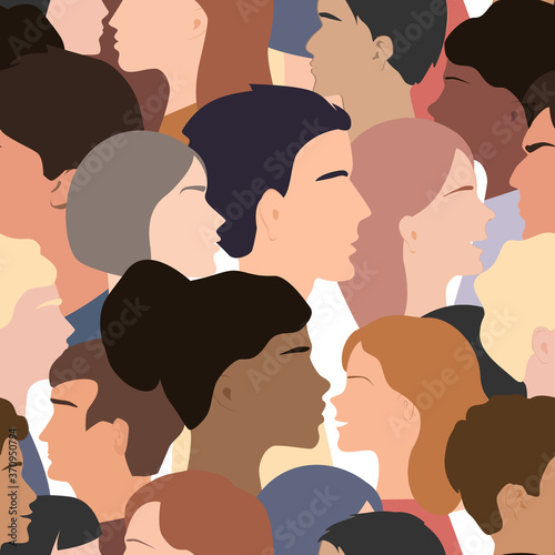 Seamless pattern of different people profile heads. Humans of different gender, ethnicity, and color. Vector background