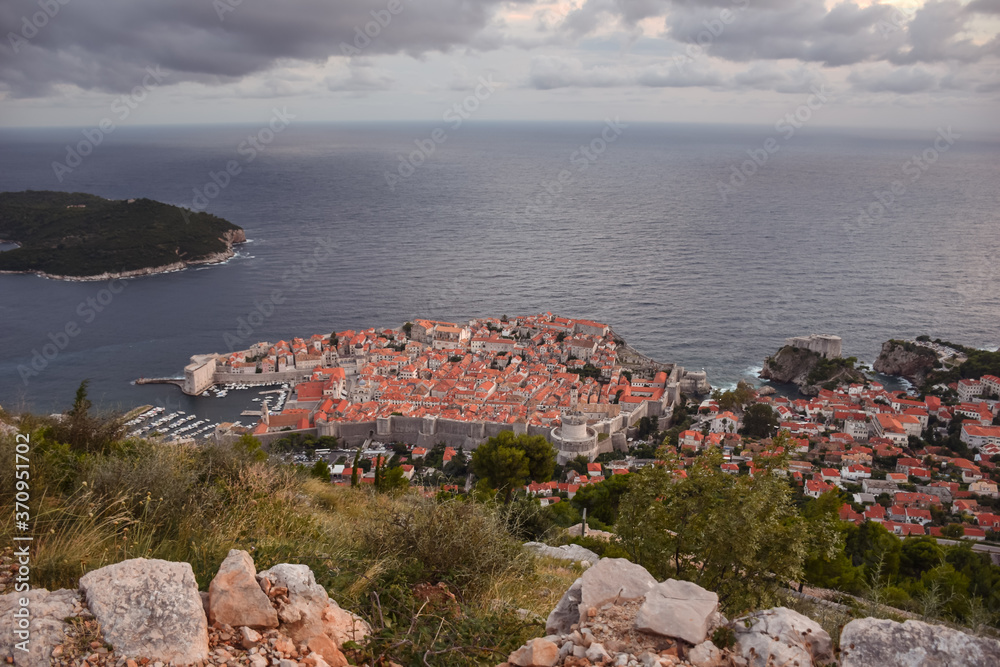 landscape from above of Dubrovnik city with sea in the background