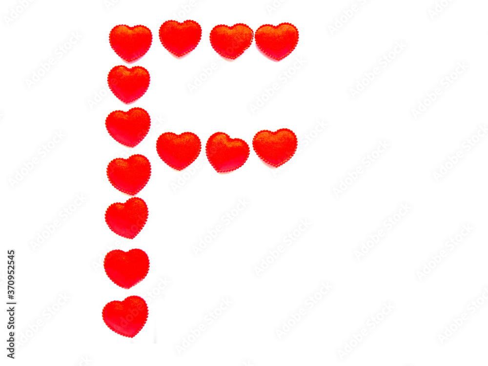 The letter F is made up of small red hearts isolated on a white background. Bright red font.