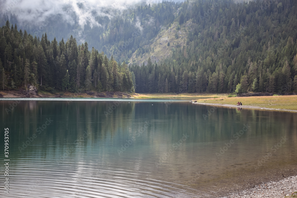 beautiful lake scenery in Durmitor national park with pine forest in the background