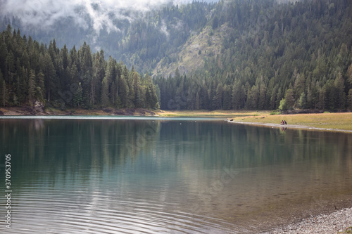 Obraz na płótnie beautiful lake scenery in Durmitor national park with pine forest in the background w salonie