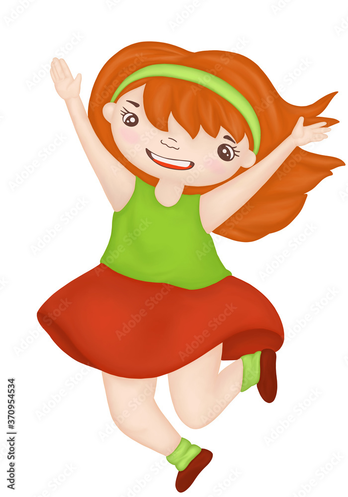 joyful girl bouncing having fun illustration hands up happy baby cartoon hero character picture joyful girl bouncing having fun illustration hands up happy baby cartoon hero character picture
