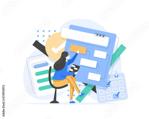 Content manager at work hand drawn illustration,Young girl managing SMM strategy processes cartoon character. Freelance worker busy with email marketing analysis