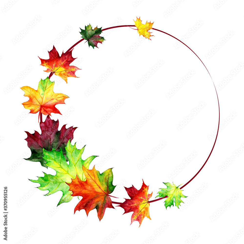 Frame with watercolor maple leaves. Autumn design templates. Hand drawn style. Place for your text. Illustration. Frame with watercolor maple leaves. Autumn design templates. Hand drawn style. Place for your text. Illustration.