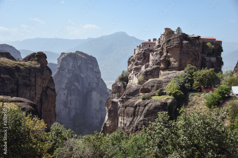 dramatic landscape of Meteora monasteries built on vertical rock formations in Greece
