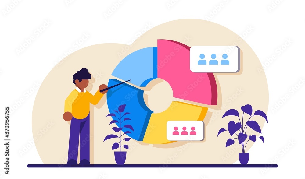 Audience segmentation concept. Man near a large circular chart with images of people. Colorful infographic. Modern flat illustration.