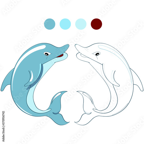 Children coloring book. Page with dolphine illustration and set of paints. Vector illustration for print