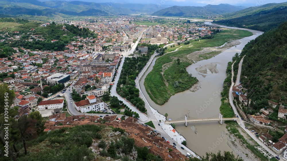 Old town at river shore .Berat old town, city center and university. View from Berat castle, Albania
