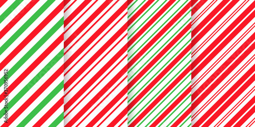 Candy cane seamless pattern. Christmas striped background. Vector. Red green peppermint wrapping texture. Xmas holiday diagonal stripes. Set of cute caramel package prints. Geometric illustration.