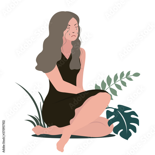 Vector illustration of sad crying young woman isolated on white background. Depression and melancholy concept. Flat illustration