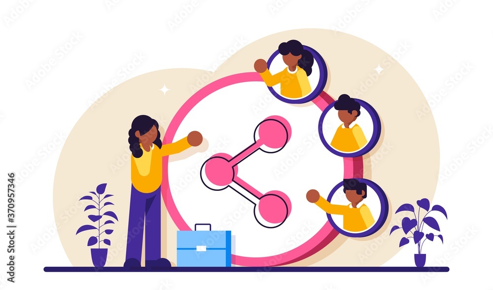 Fototapeta premium Employee sharing concept. Woman with a briefcase stands near a large Share sign with portraits of people or employees. Modern flat illustration.