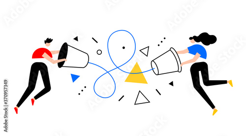 people communication, vector business illustration of a man and woman with plastic cup