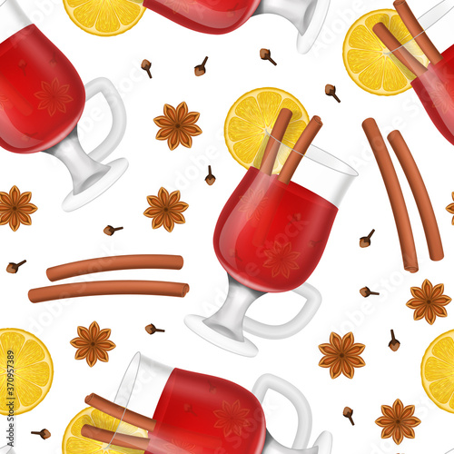 Realistic 3d Detailed Mulled Red Wine Seamless Pattern Background. Vector